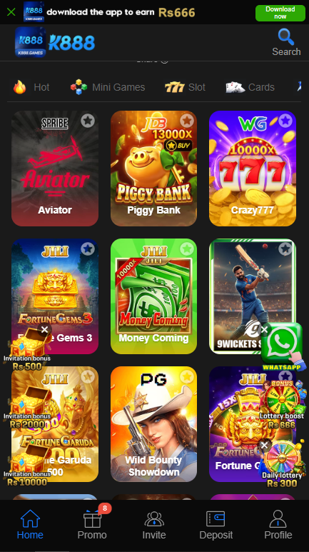 K888 Game APK Home Screen