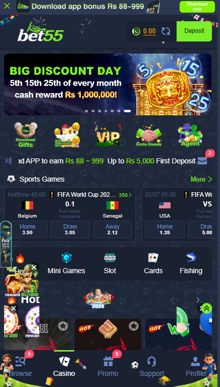 Bet55 Game Home Screen